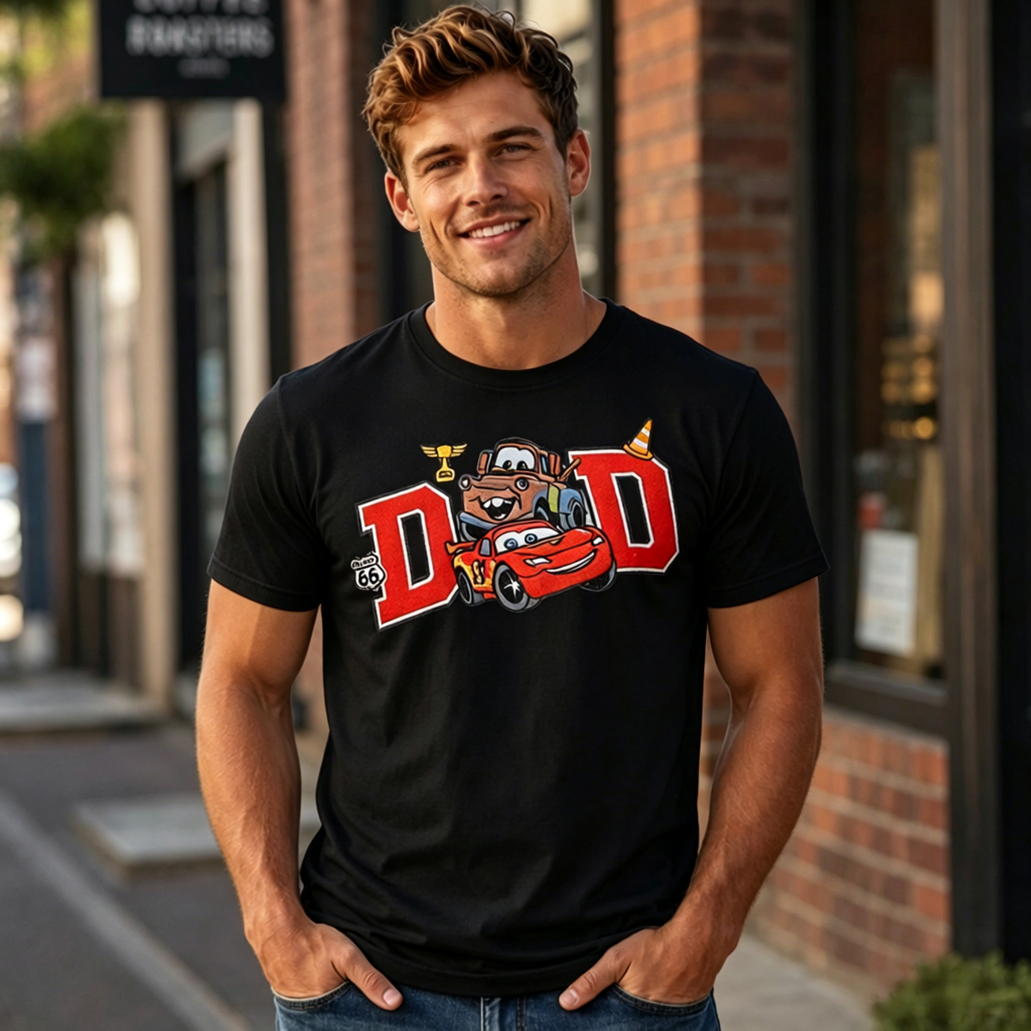 Retro Cartoon Racing Car Graphic T-Shirt with Bold “DAD” Lettering Streetwear Casual Tee