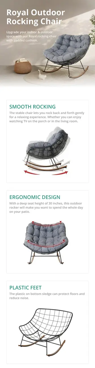 GRAND PATIO Oversized Papasan Rocking Chair, Egg-Shaped Indoor Outdoor Lounge Chair with Thick Cushions, Weather-Resistant Steel Frame, Cozy Reading Chair for Patio, Porch, Balcony & Christmas Gift