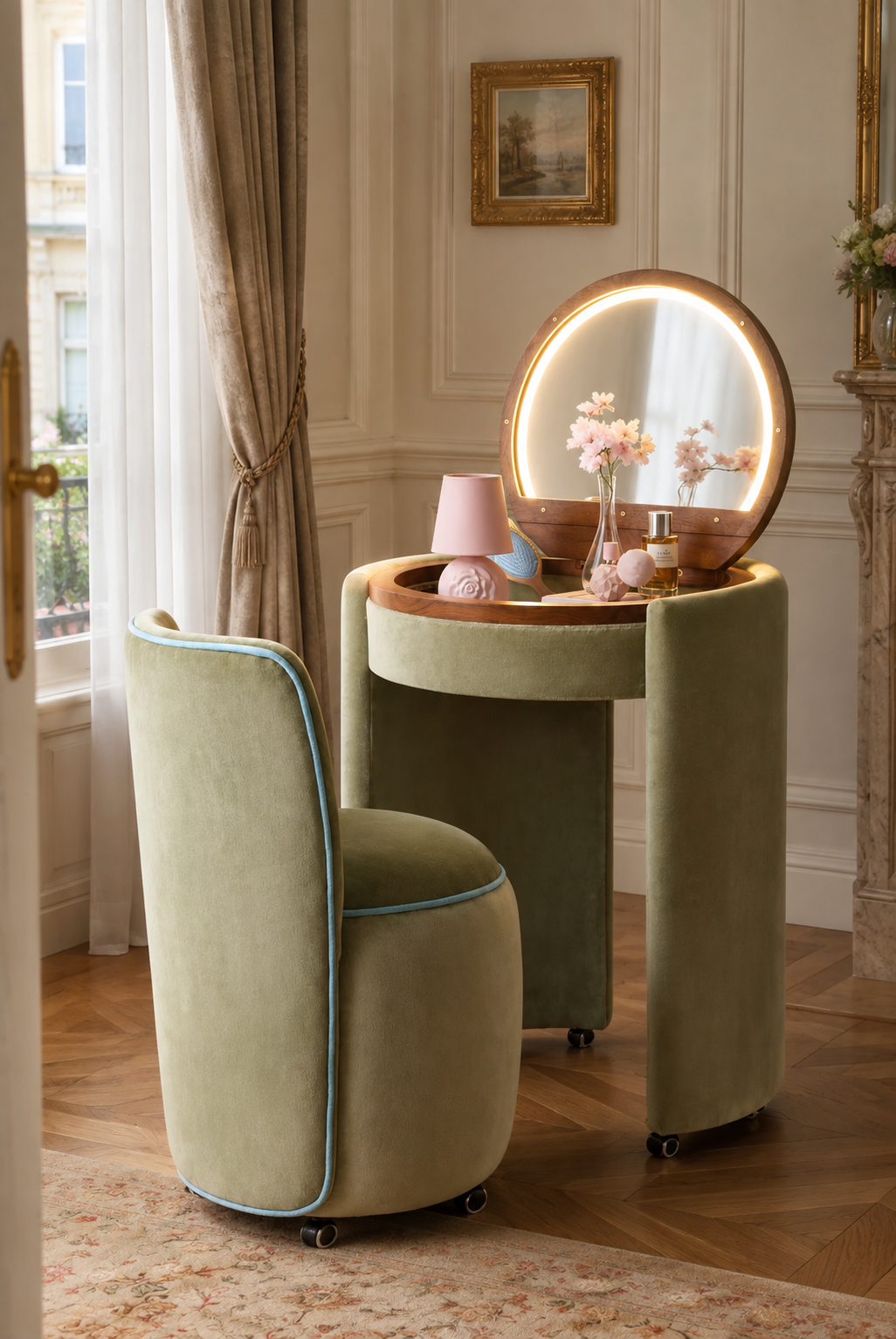 Qcncln Upholstered Vanity & Stool Set (Touch‑LED,Flip-Top Mirror)
