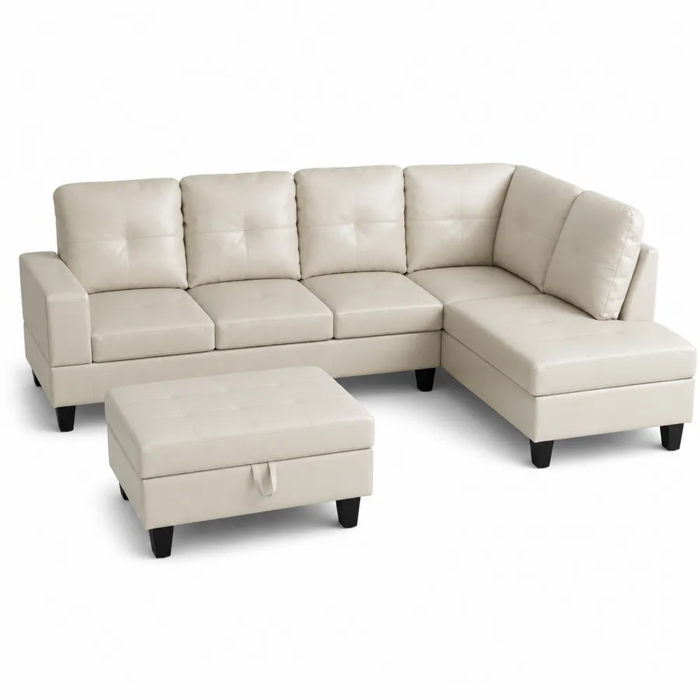 Narożna sofa z pufą ze skóry ekologicznej, beżowa