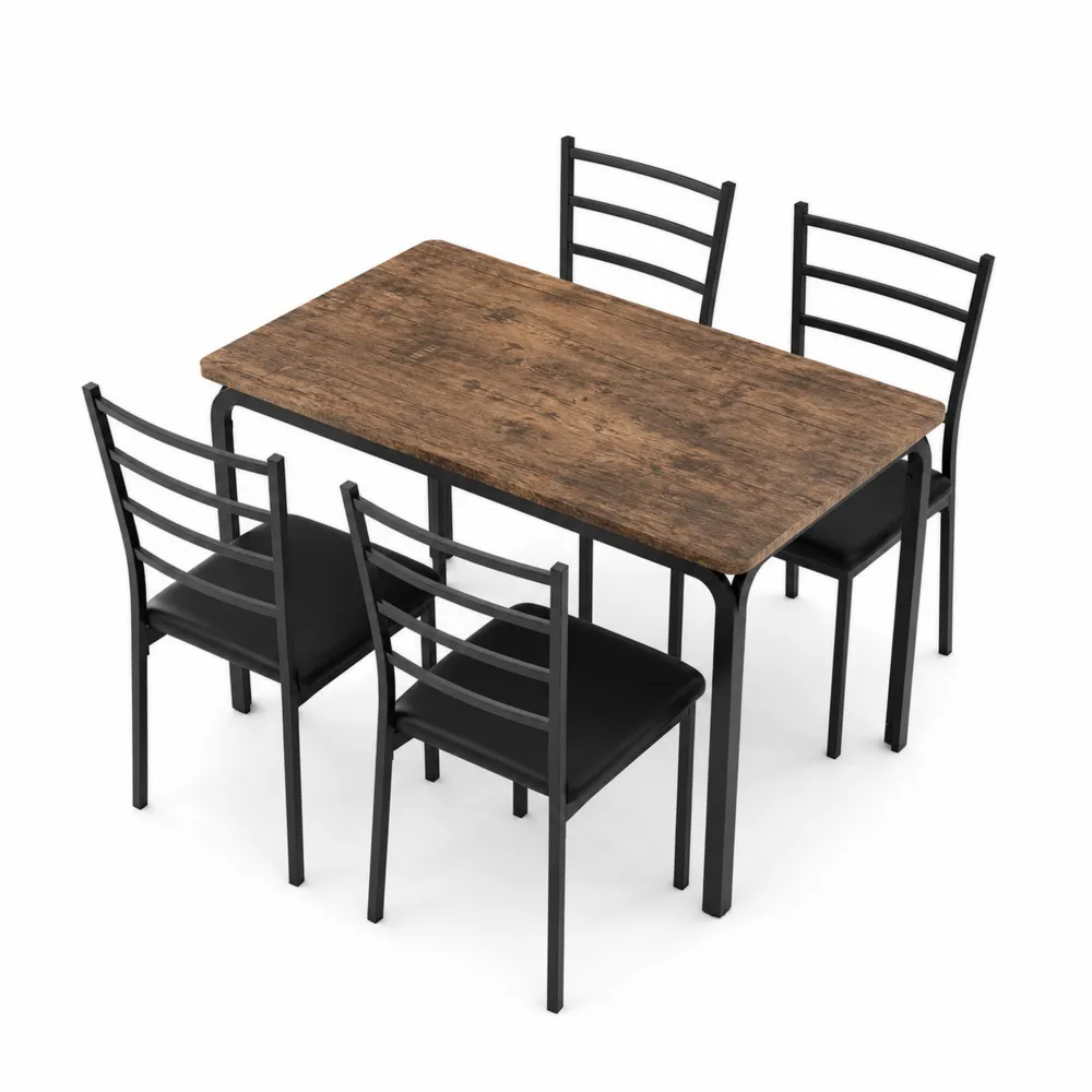 Zestaw stołowy z drewnianym blatem i metalowymi krzesłami, brązowy / czarny
