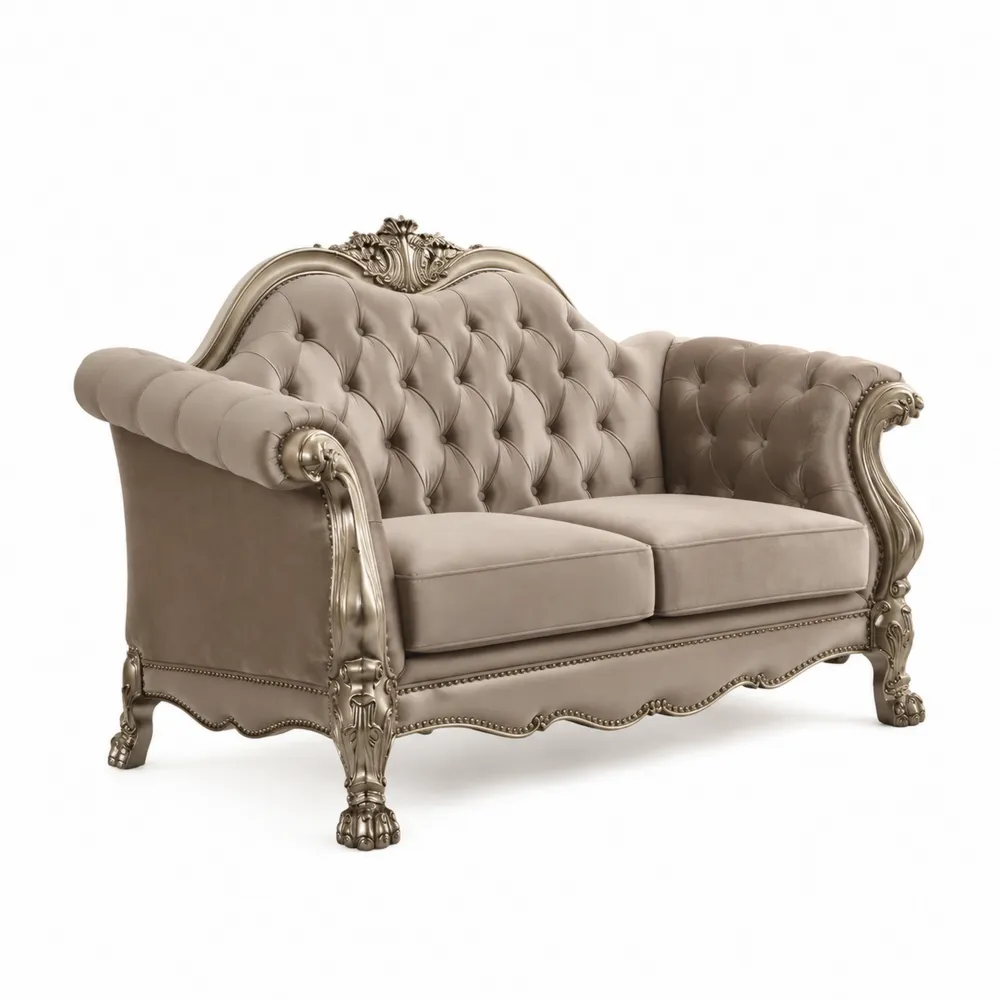 Sofa dwuosobowa, welur, brązowy, rzeźbione drewno