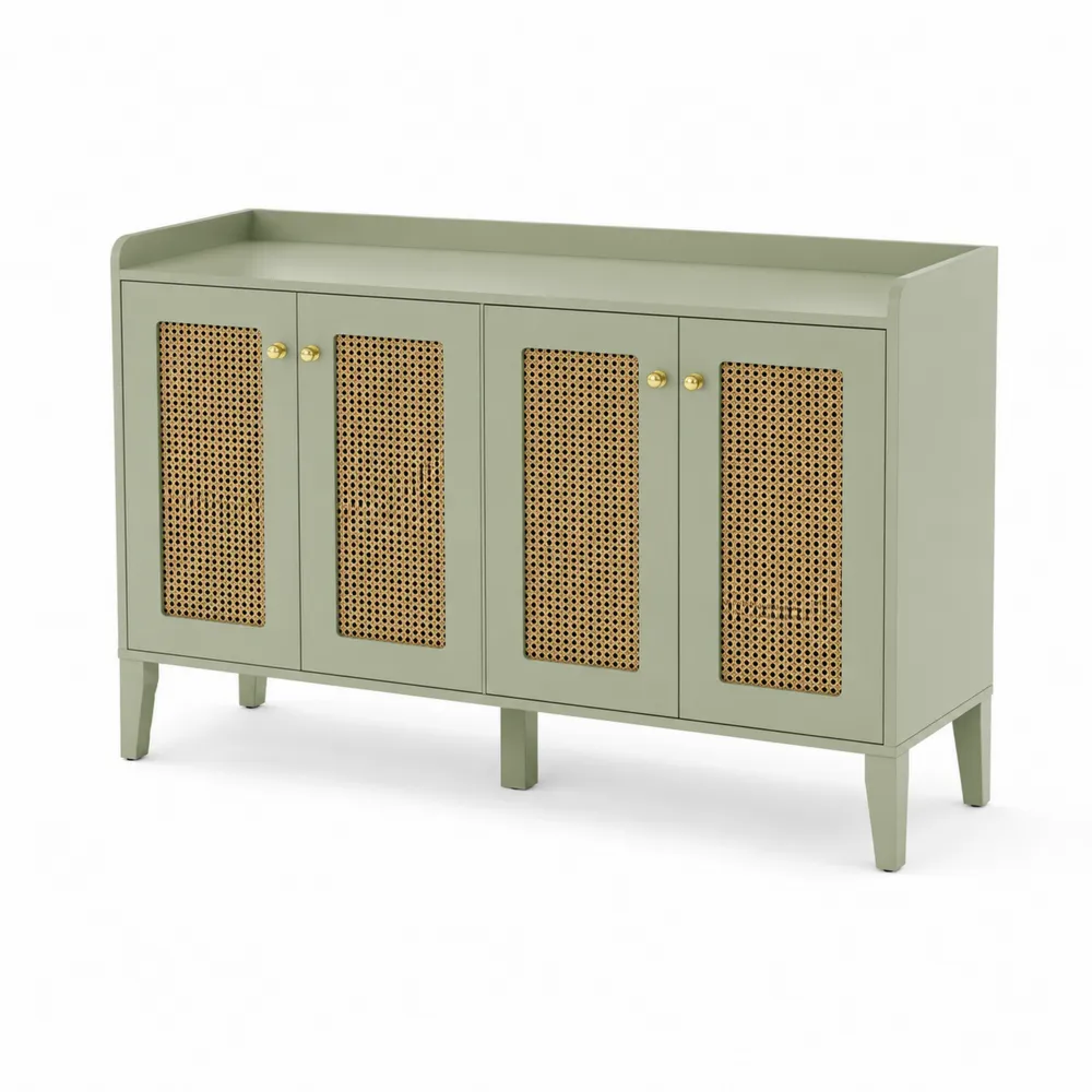 Kredens z drewna malowanego i rattanu Zielony 120x40x90 cm