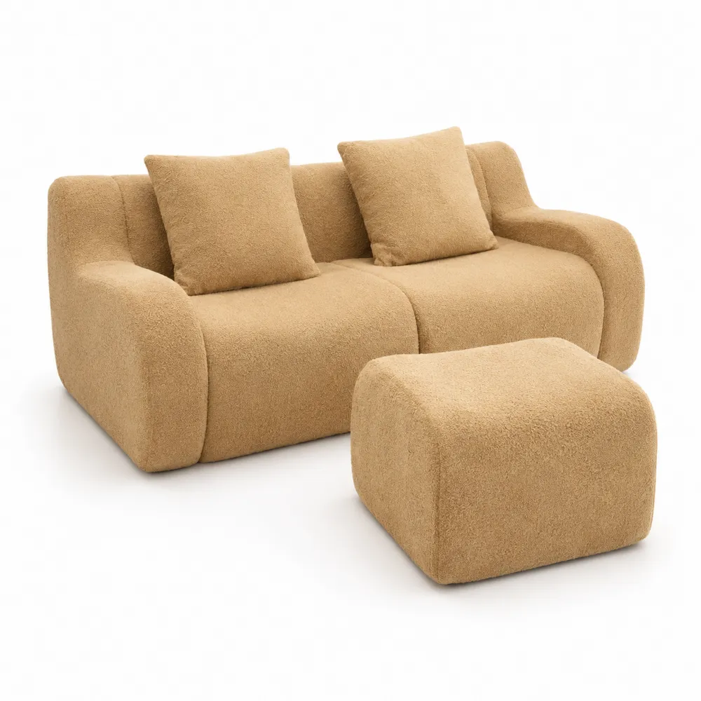 Sofa i Podnóżek z Tkaniny Bouclé Beżowy