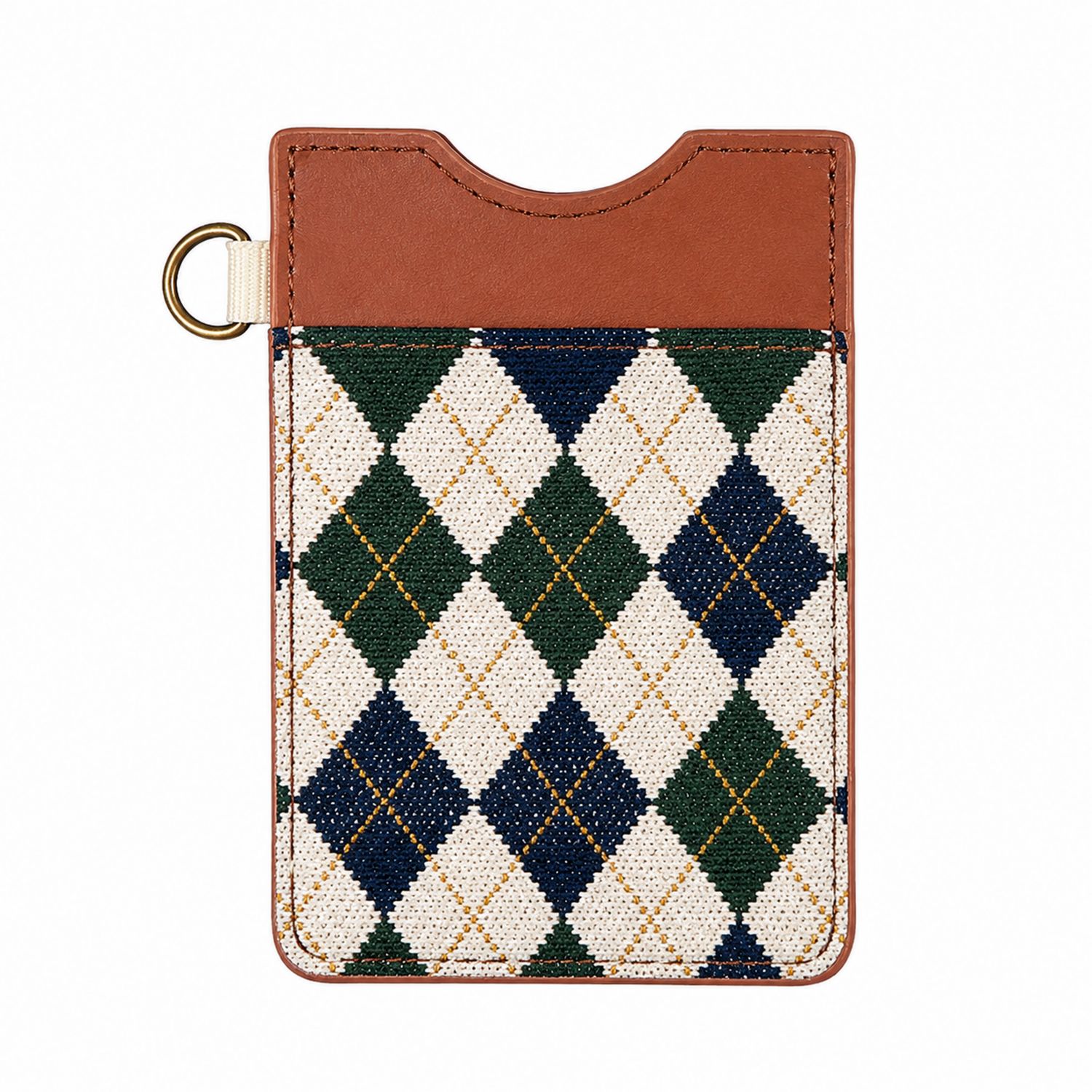Portacarte Multicolore Argyle con Anello in Pelle e Tessuto