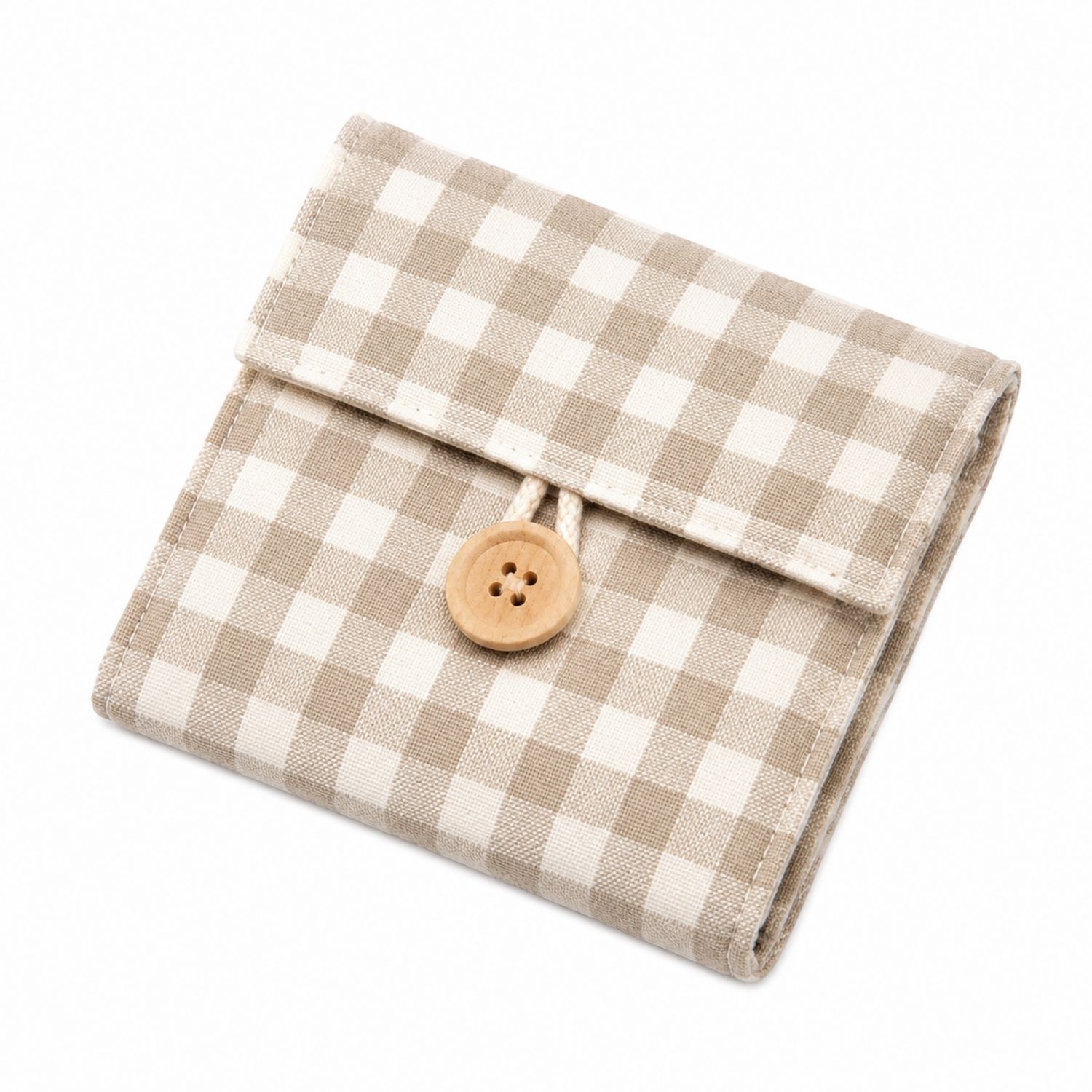 Portafoglio a Quadretti Beige con Bottone in Legno