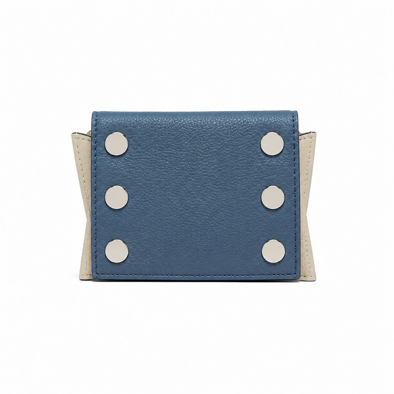 Portafoglio compatto blu e beige con borchie