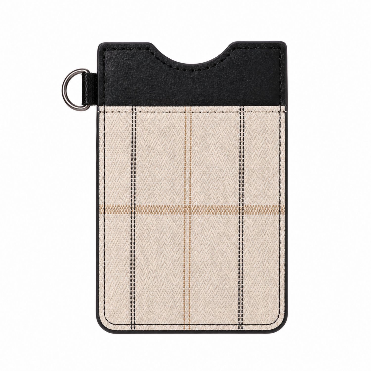 Portacarte a Quadri con Anello Beige e Nero