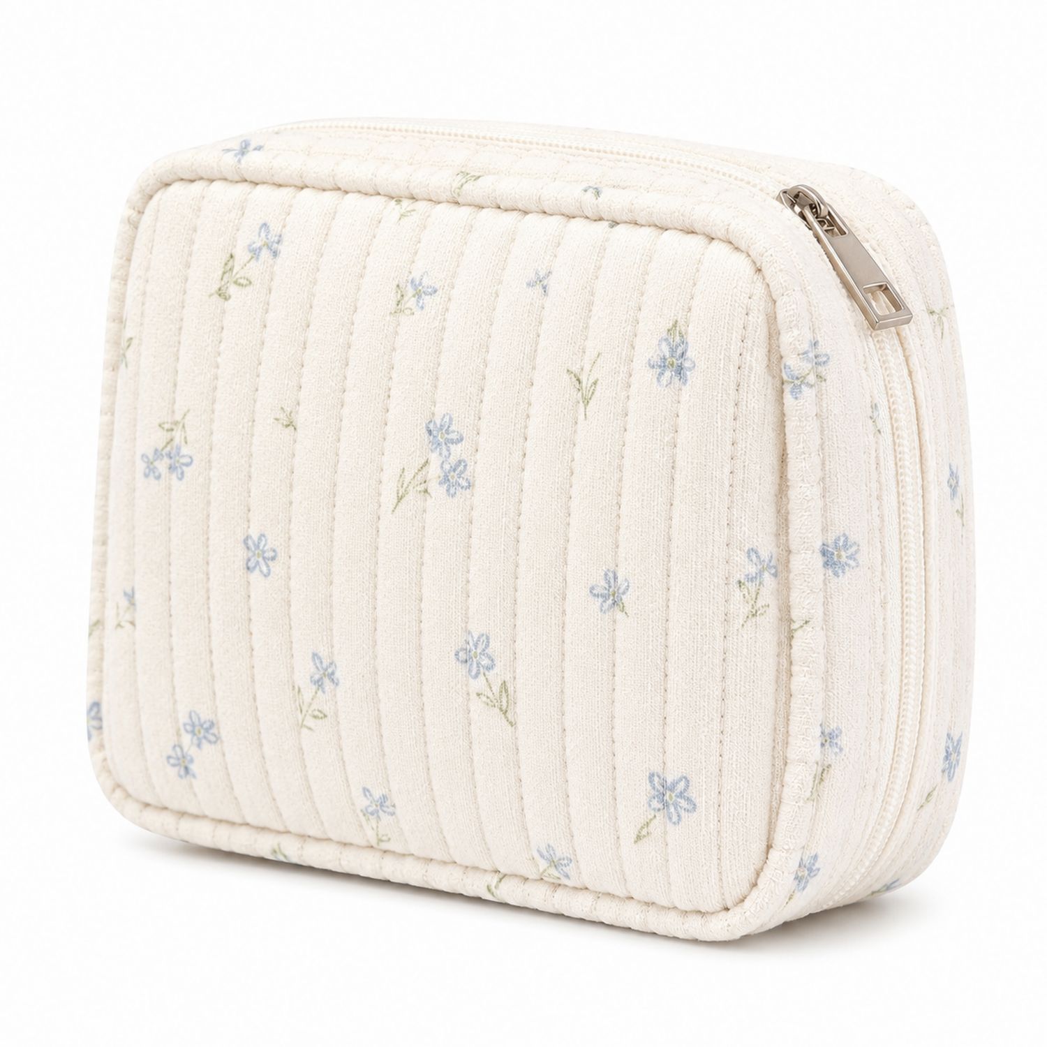 Borsa Cosmetica Trapuntata Crema con Fiori Blu