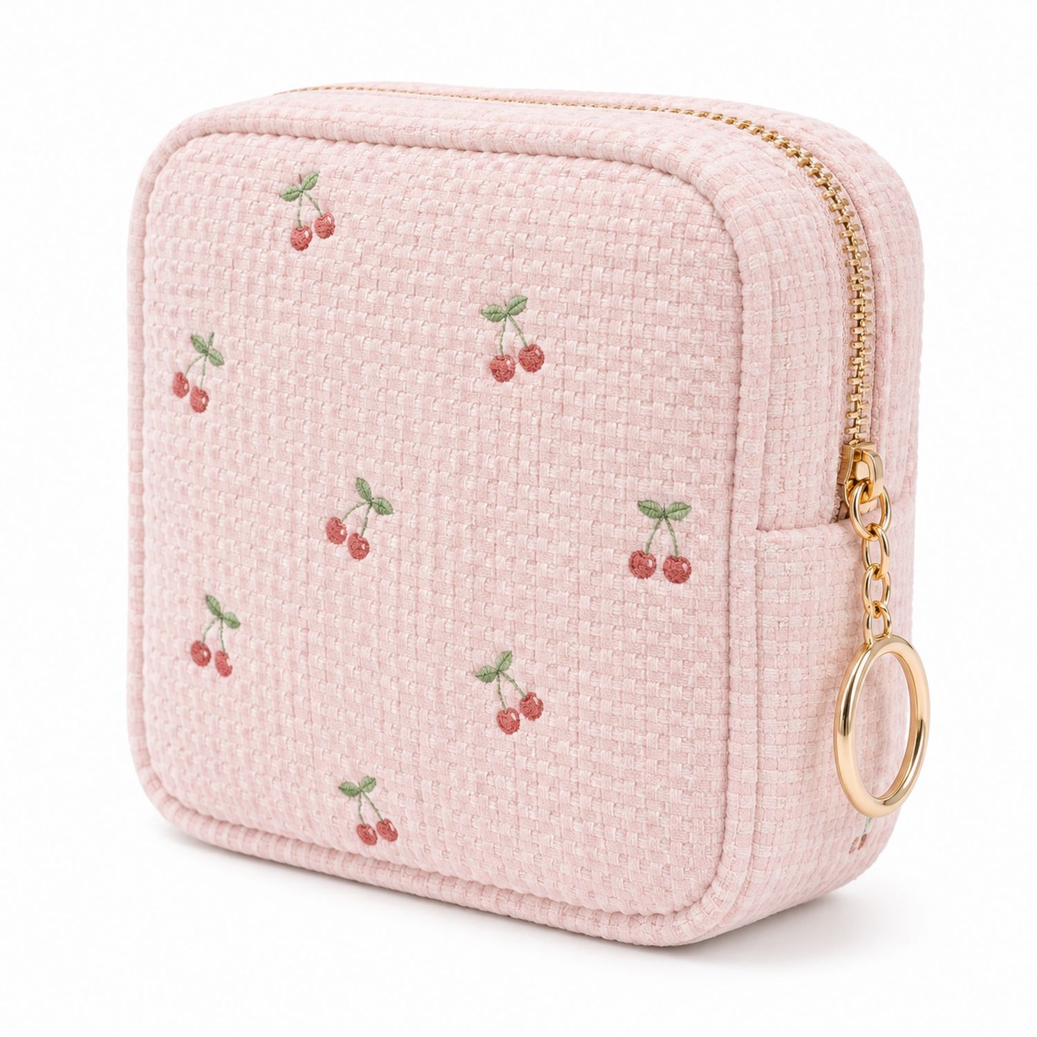 Astuccio Portamonete con Motivo Ciliegia Ricamato Rosa