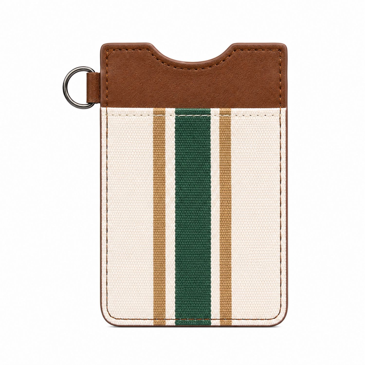 Porta Carte in Tessuto a Righe Beige, Verde e Marrone con Anello