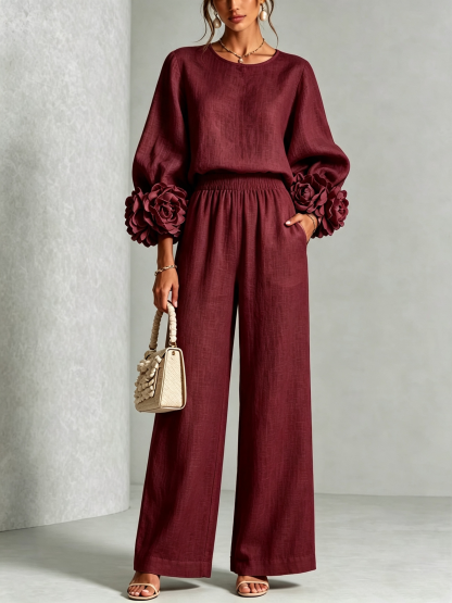 Women 3D Floral Cuff Linen Two‑Piece Outfit, Long Sleeve Blouse & Elastic Waist Wide Leg Pants Set