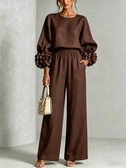 Women 3D Floral Cuff Linen Two‑Piece Outfit, Long Sleeve Blouse & Elastic Waist Wide Leg Pants Set