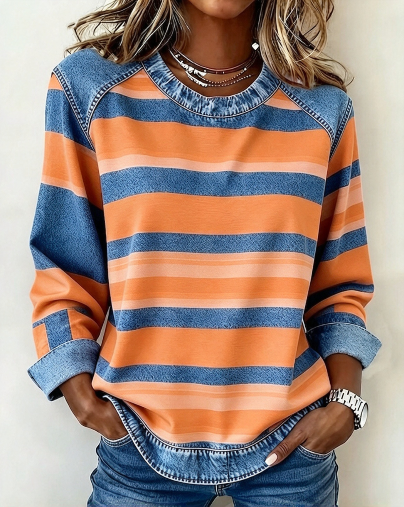 Women's Long Sleeve T-Shirt, Dual-Color Striped Print Pattern Design, Casual Wear For Autumn