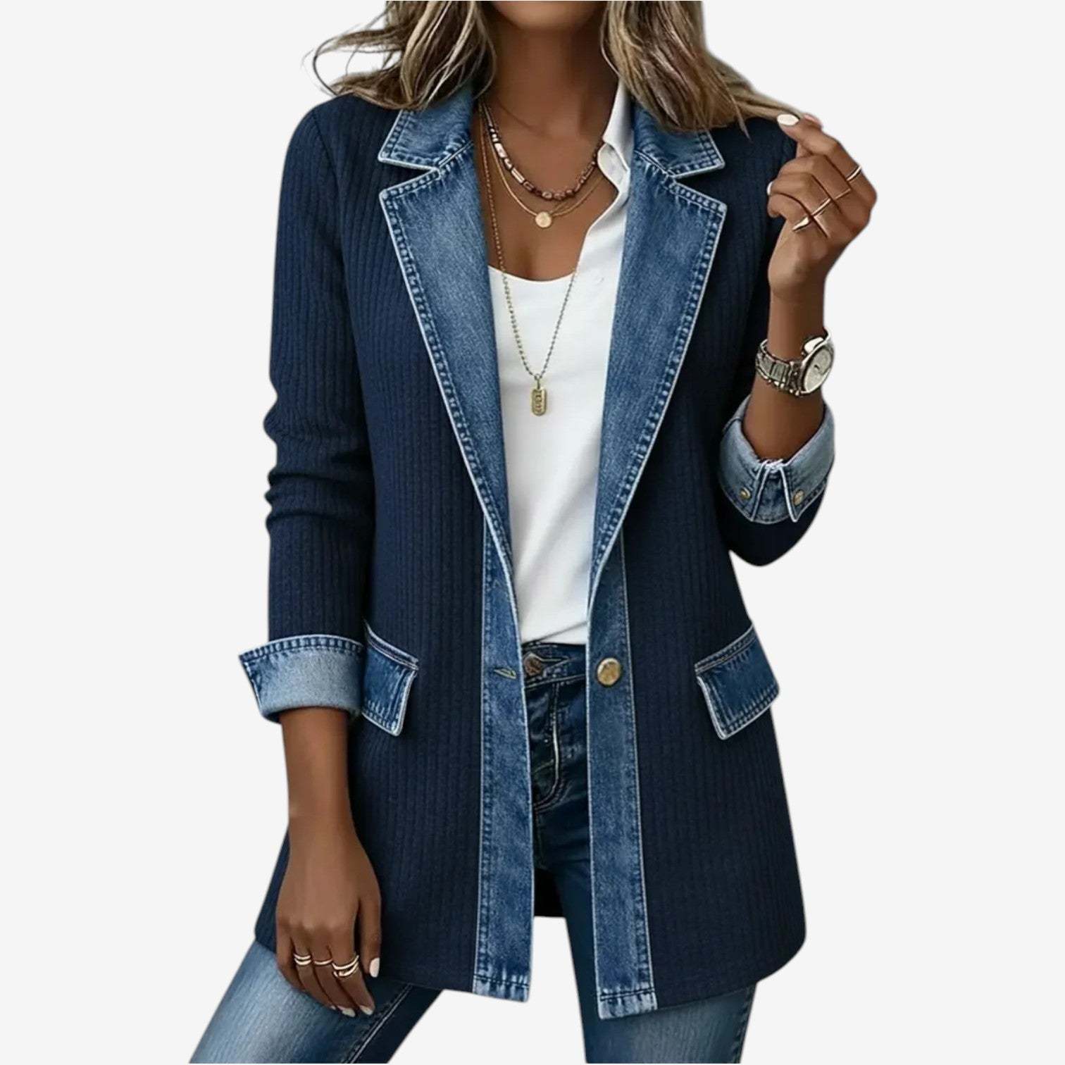 Elegant Mixed Media Denim Knit Cardigan Open Front Lapel Sweater Coat Mid Length Comfort Fit Outerwear