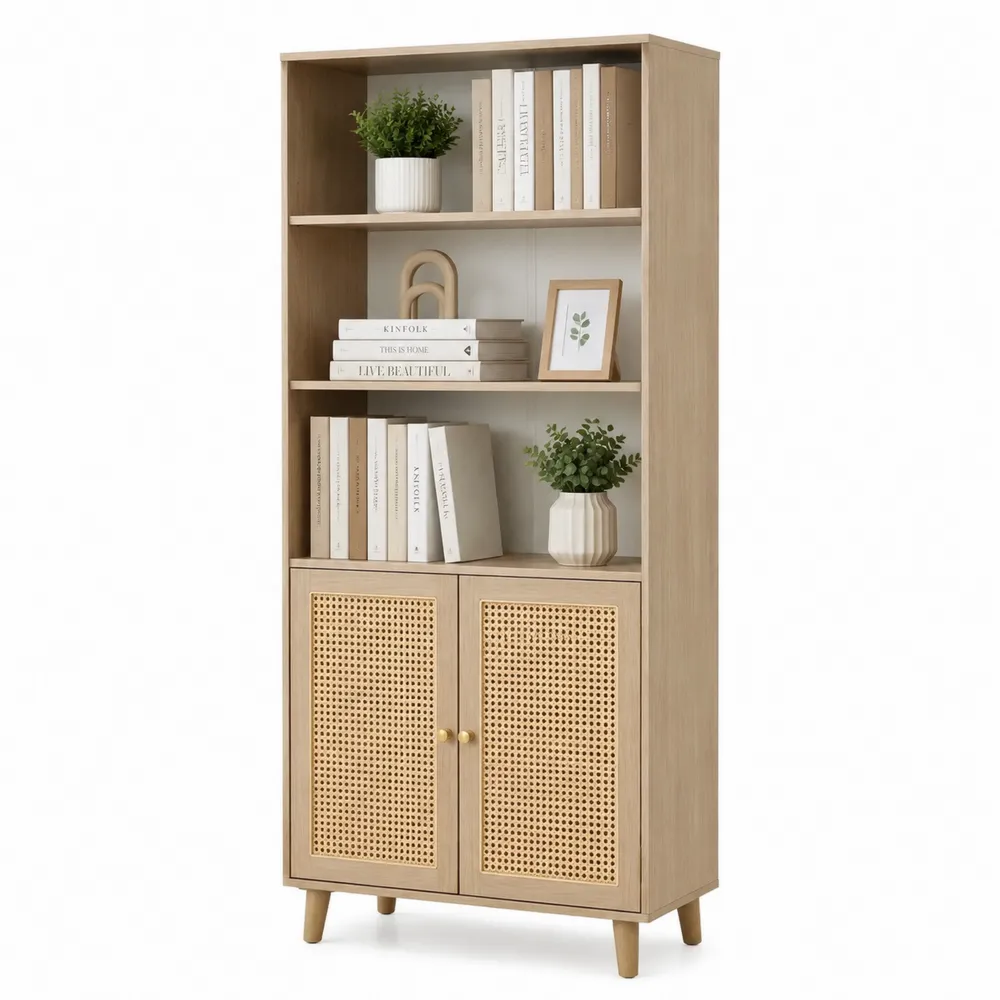 Regał drewniany z drzwiami rattanowymi 180x80x30 cm
