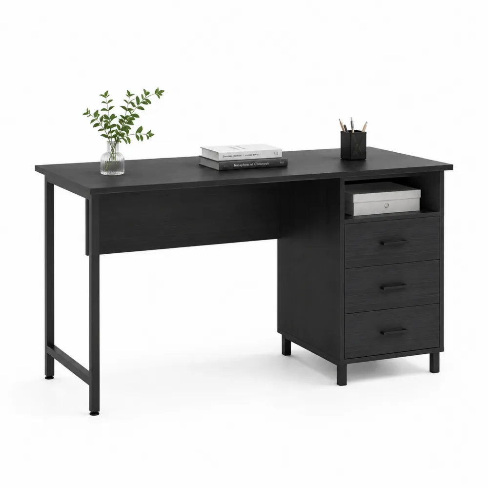 Biurko czarne z drewna i metalu z 3 szufladami 120x60x75 cm