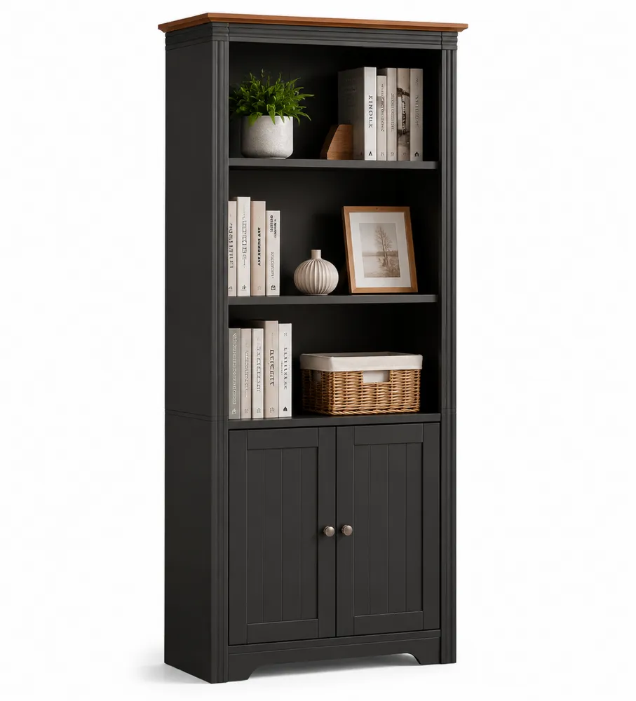 Regał z płyty MDF czarny z półkami i szafką 180x80x30 cm