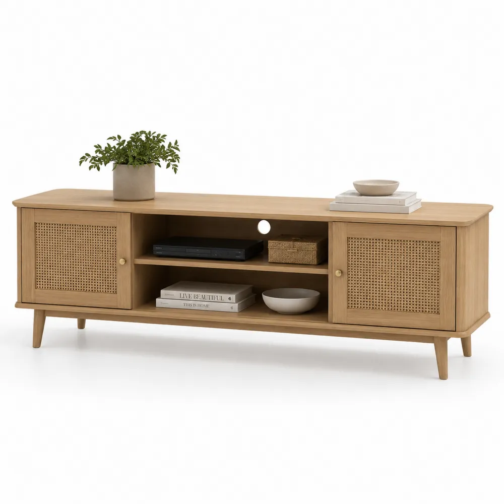 Szafka RTV z drewna dębowego i rattanu 150x40x50 cm