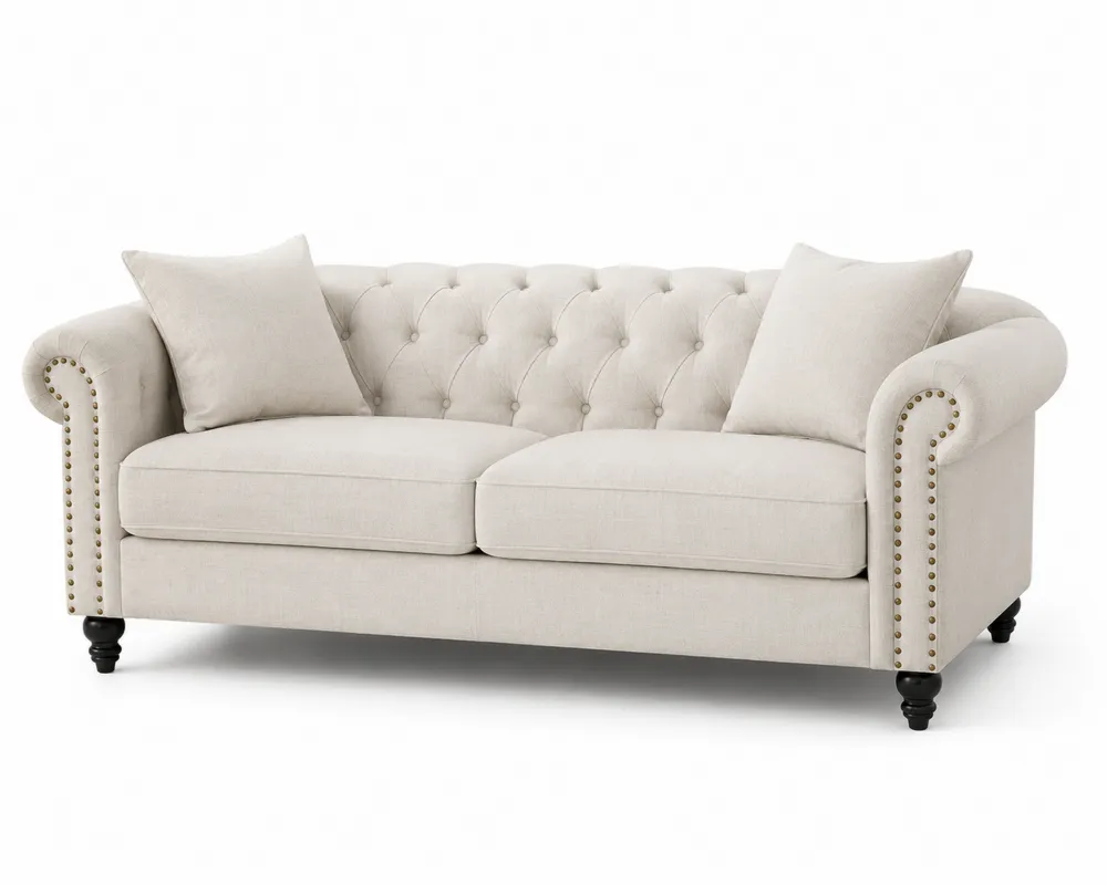 Sofa Chesterfield z lnianej tkaniny, Beżowa