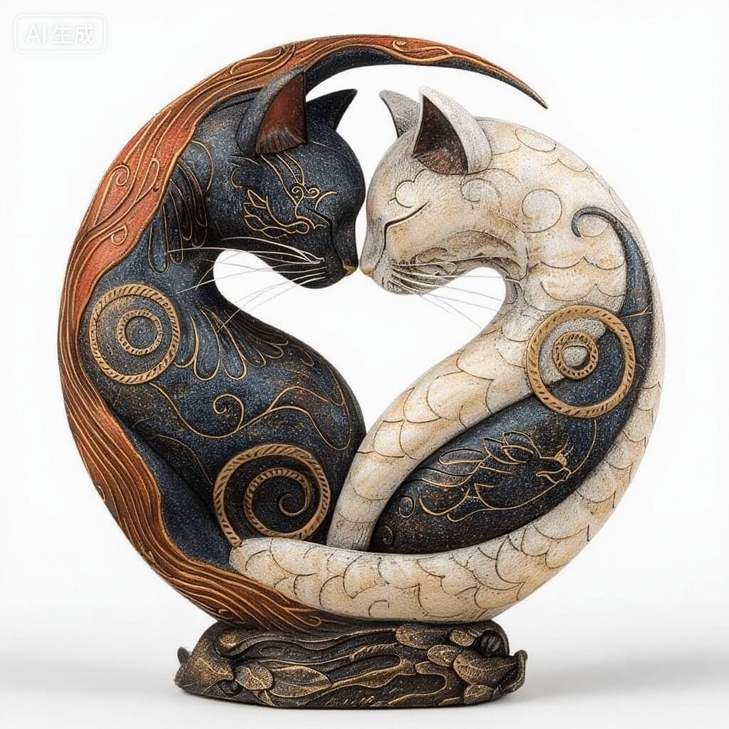 Black and White Cat Yin Yang Art Desk Decor