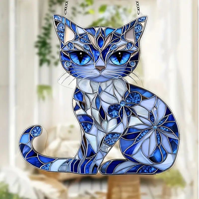 🐱✨Blue & White Cat Suncatcher Ornament