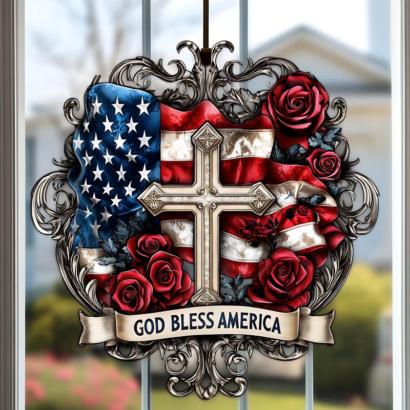 God Bless America Patriotic Cross Window Hanging