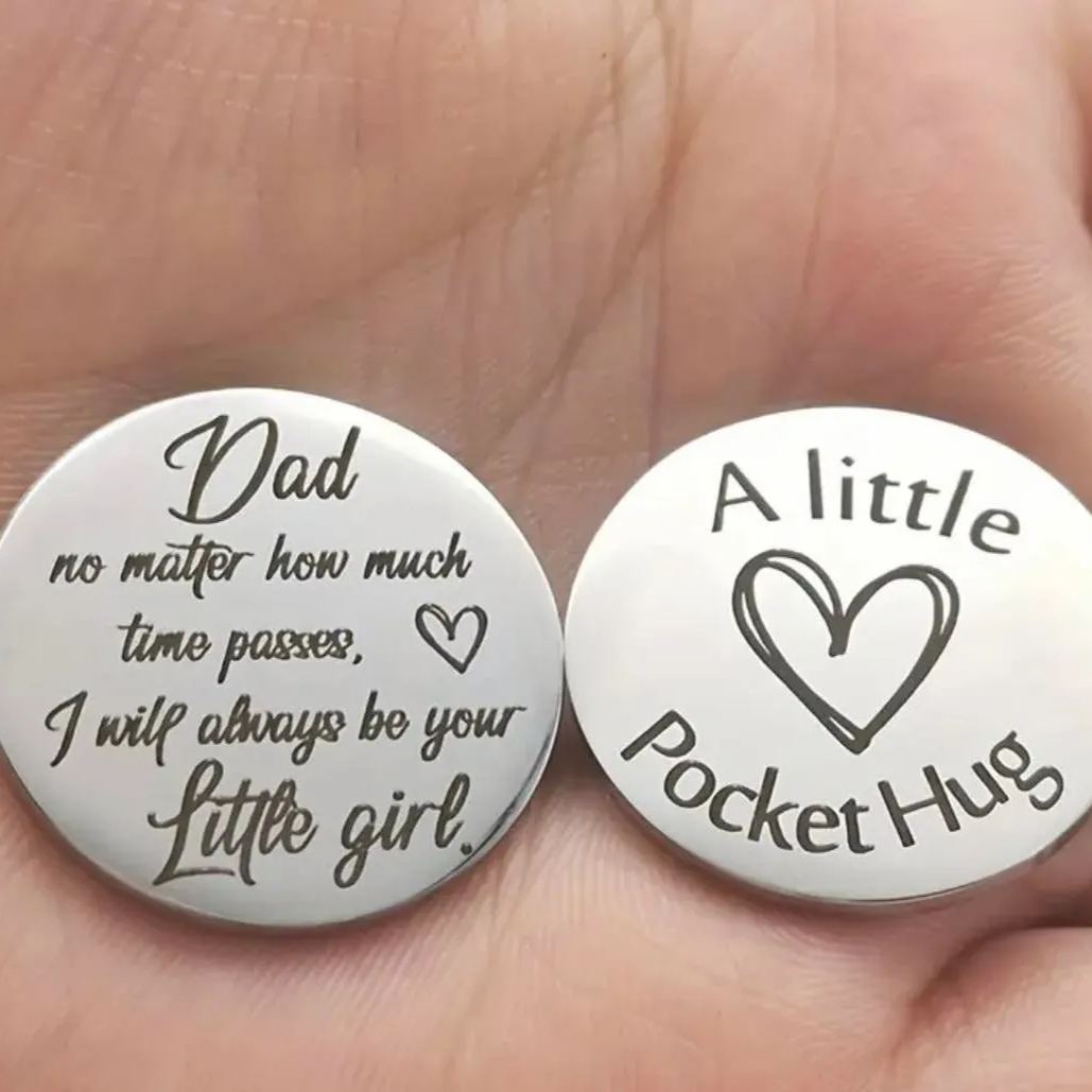 Double Sided Engraved Pocket Hug Token With Leather Keychain