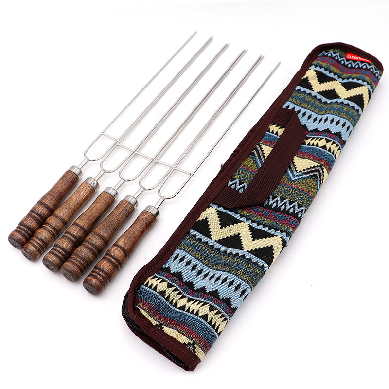 5pcs Portable Sharp Roasting Forks with Bag Camping Skewers BBQ Forks-Grand Kitchen
