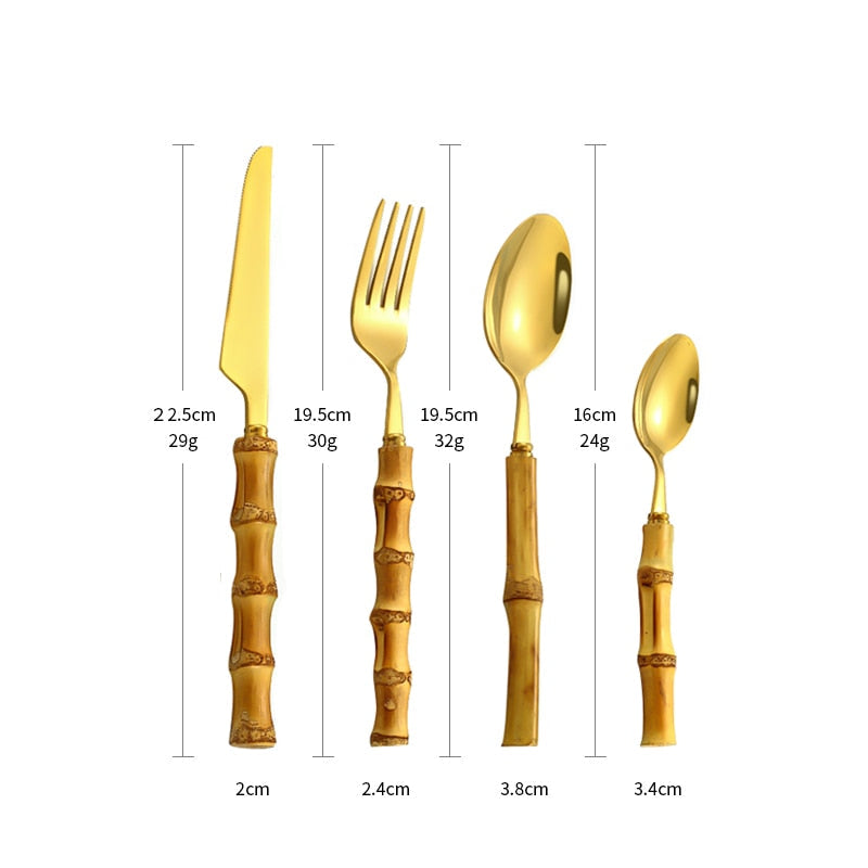 4pcs Gold Bamboo Handle And Steel Tableware Cutlery For Luxury Dinnerware Set-Grand Kitchen