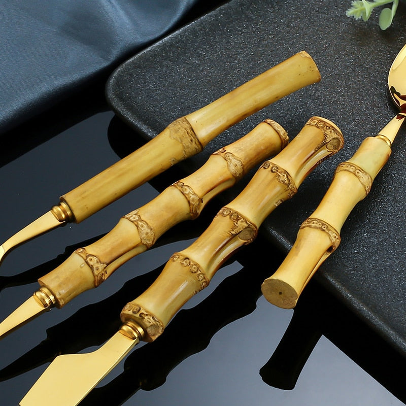 4pcs Gold Bamboo Handle And Steel Tableware Cutlery For Luxury Dinnerware Set-Grand Kitchen