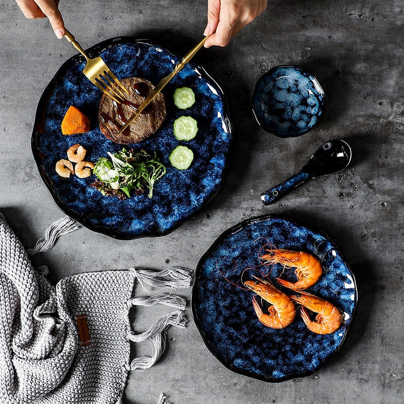 Ceramic Dinner Plates And Bowls Blue Dishes Creative Dinnerware Set-Grand Kitchen