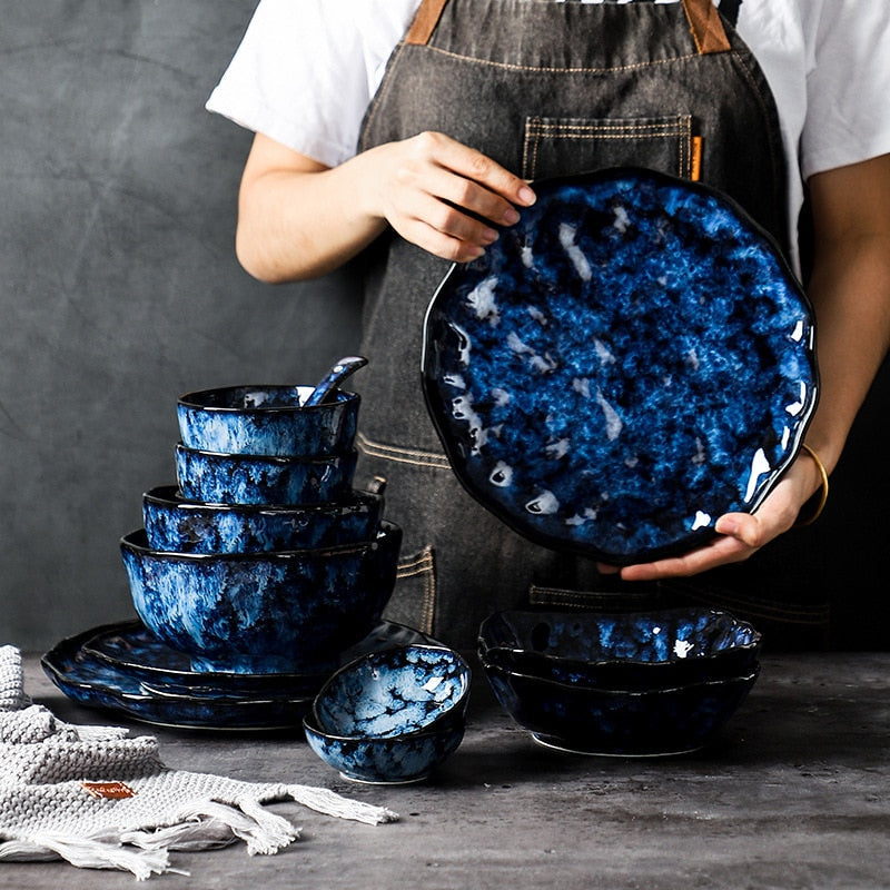 Ceramic Dinner Plates And Bowls Blue Dishes Creative Dinnerware Set-Grand Kitchen