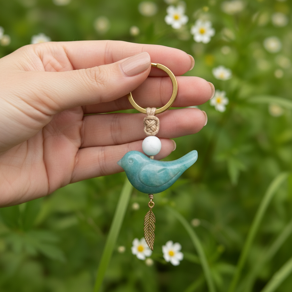 Song of Nature: Amazonite Bird Keychain for Peace & Courage