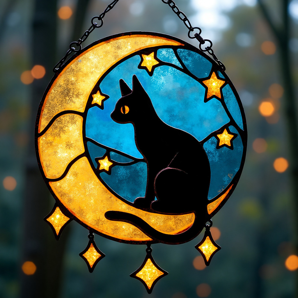 Whimsical Moonlight Cat Window Hanging