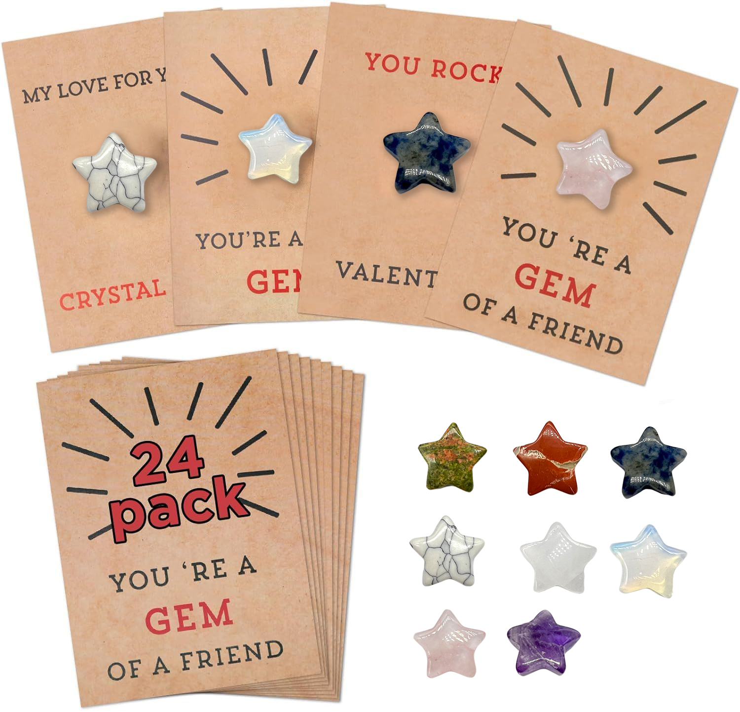 24PCs Valentines Cards with Star-Shape Crystals-Valentines Day Gifts for Kids