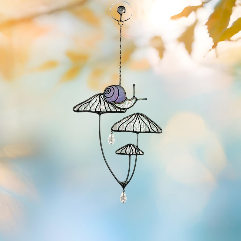 Mushrooms with Snail Stained Glass Window Hangings