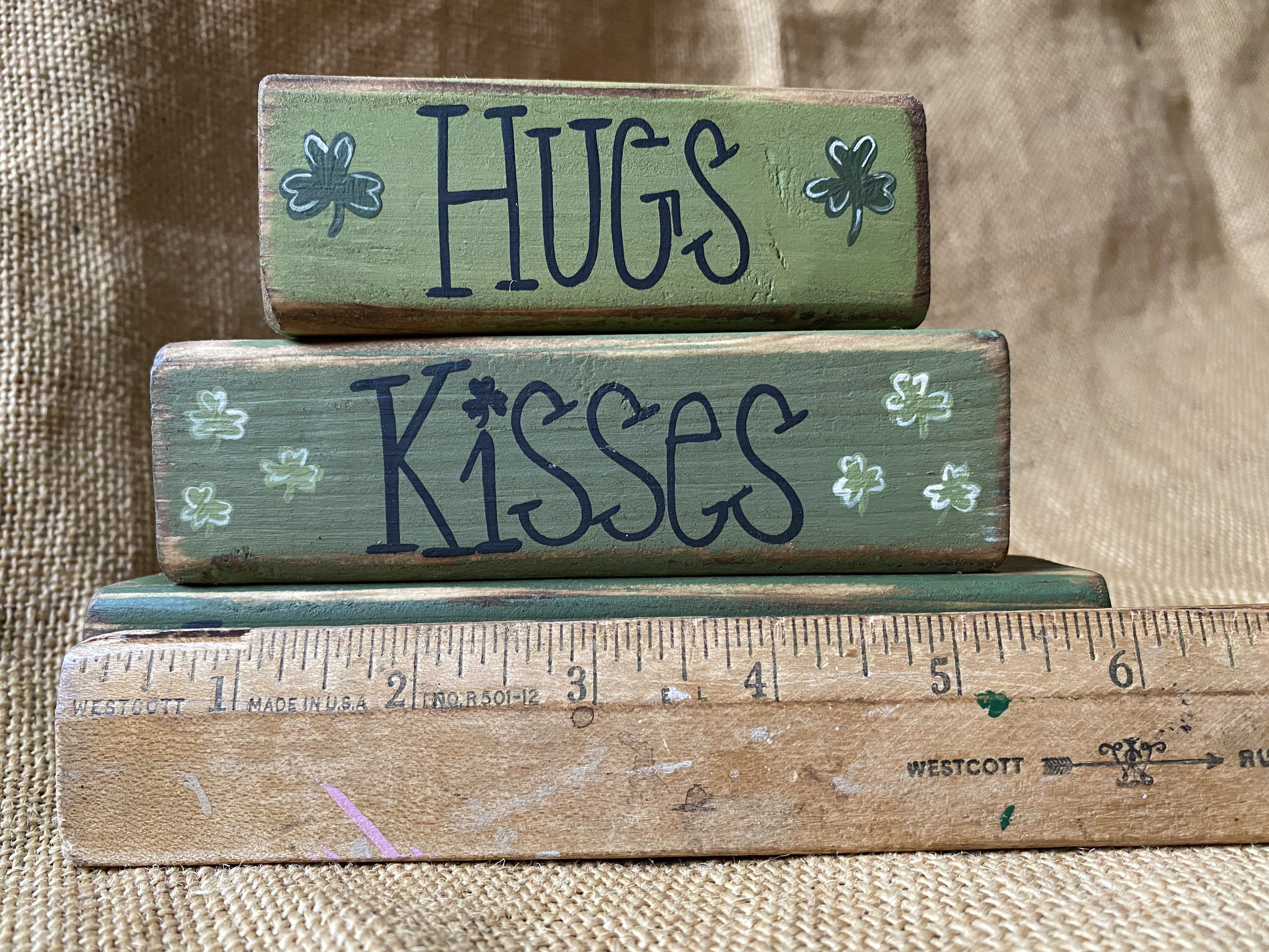 Hand Painted Distressed Hugs Kisses Valentine Wishes Wood Block Set