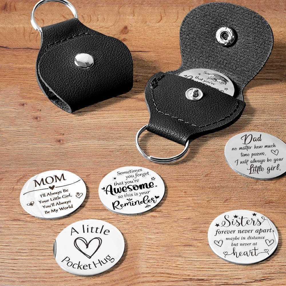 Double Sided Engraved Pocket Hug Token with Leather