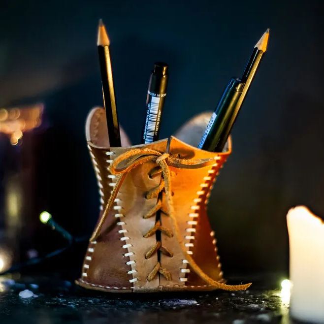 Leather Corset Pencil Cup