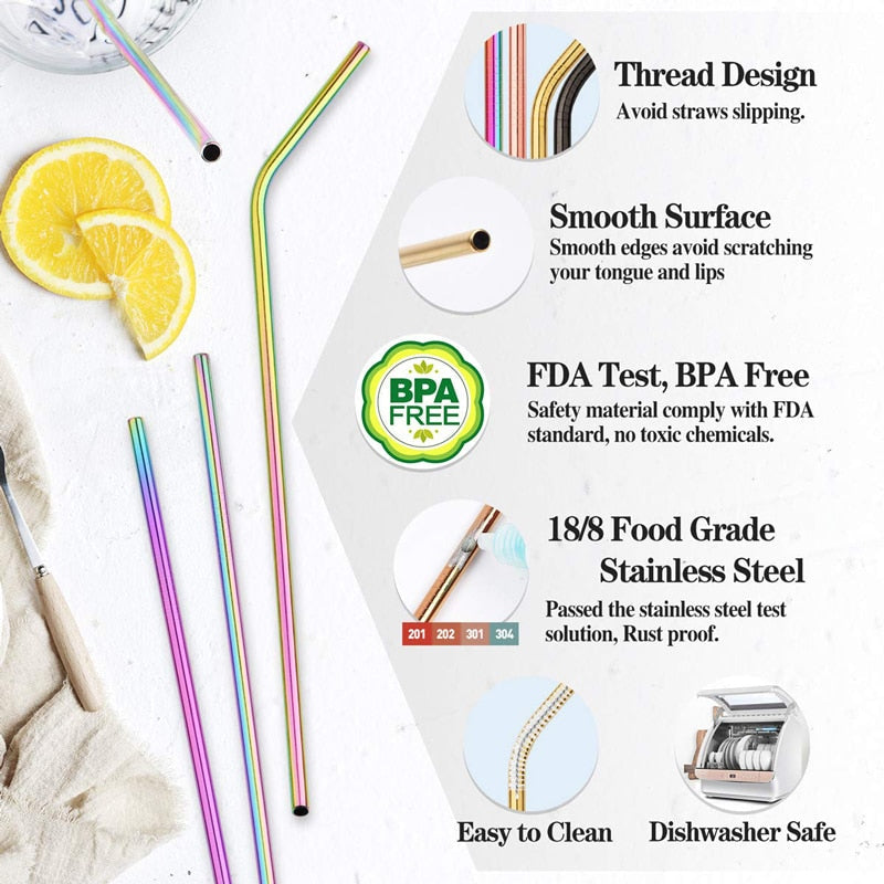 Stainless Steel Color Reusable Metal Straws Set with Cleaner Brush-Grand Kitchen