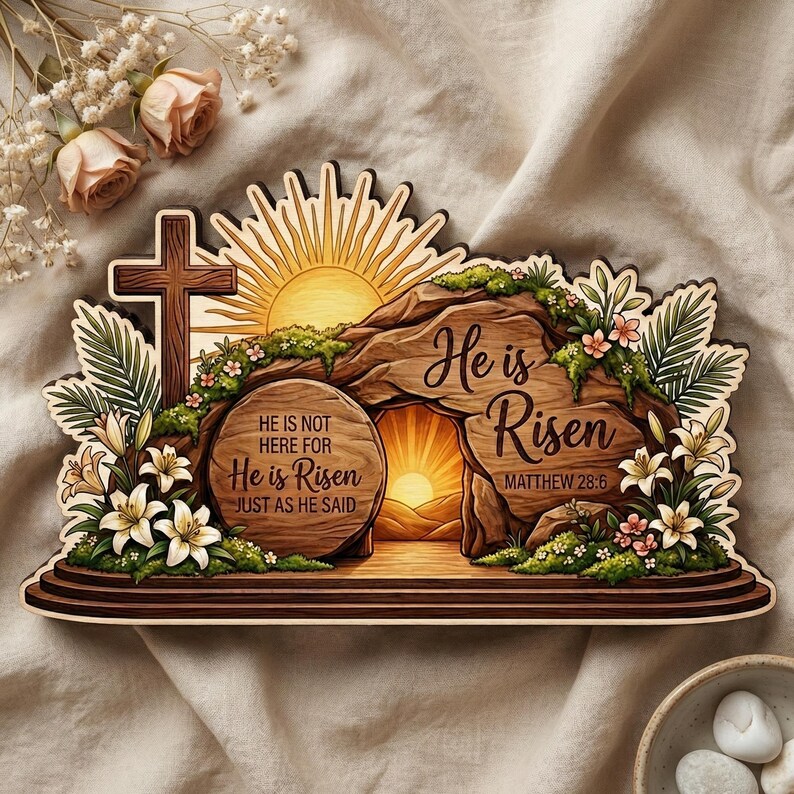 ✝He Is Risen Wooden Block Decor