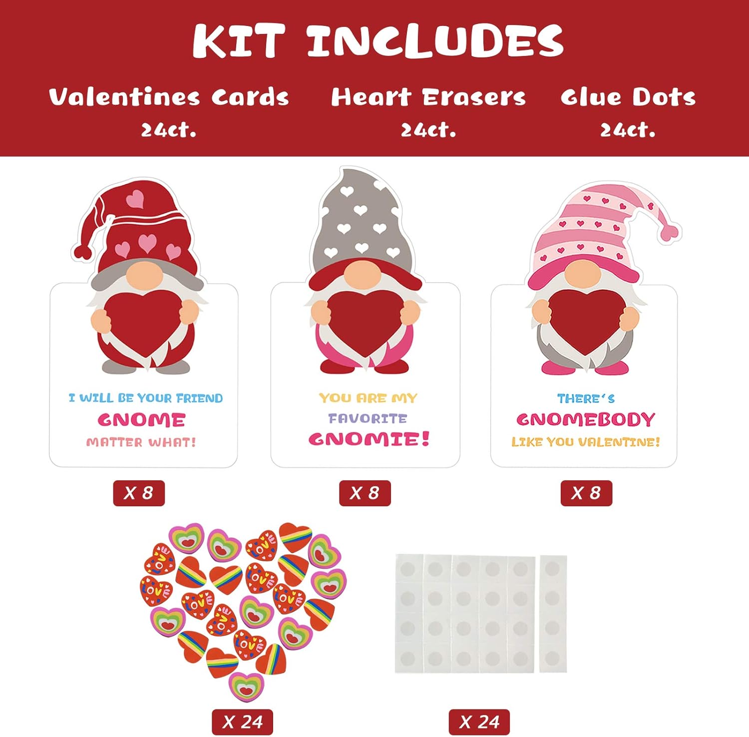 24 Pcs Gnomes Heart Erasers Card