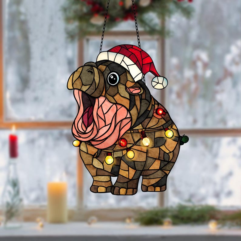 Cute Hippo Moo Deng Window Hanging Christmas Ornament