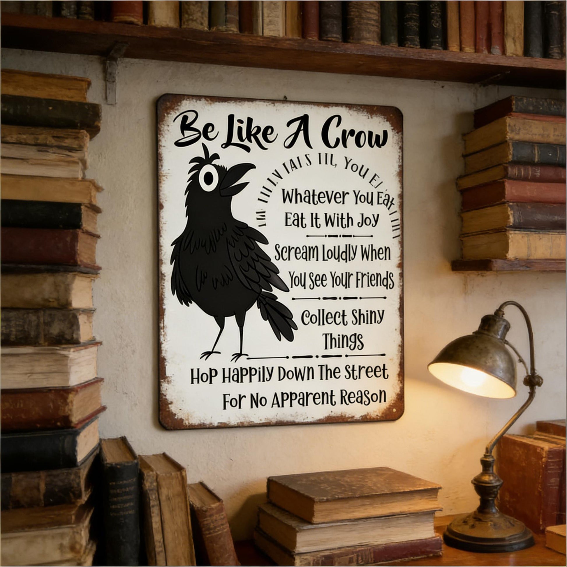 Be Like A Crow Vintage Metal Sign – Funny Positive Wall Art for Home, Office, Kitchen & Farmhouse Decor