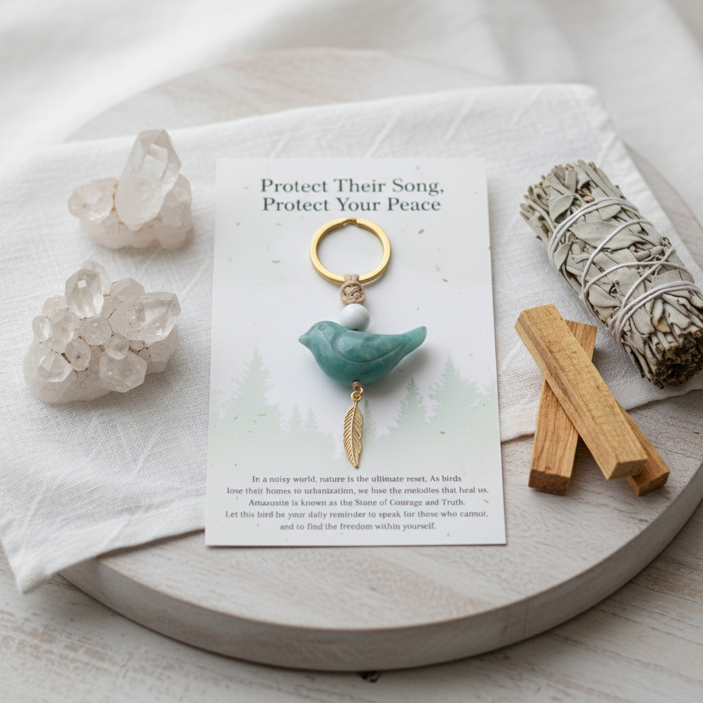 Song of Nature: Amazonite Bird Keychain for Peace & Courage