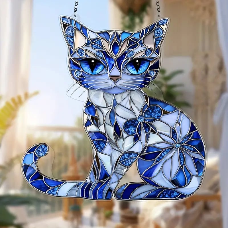 🐱✨Blue & White Cat Suncatcher Ornament
