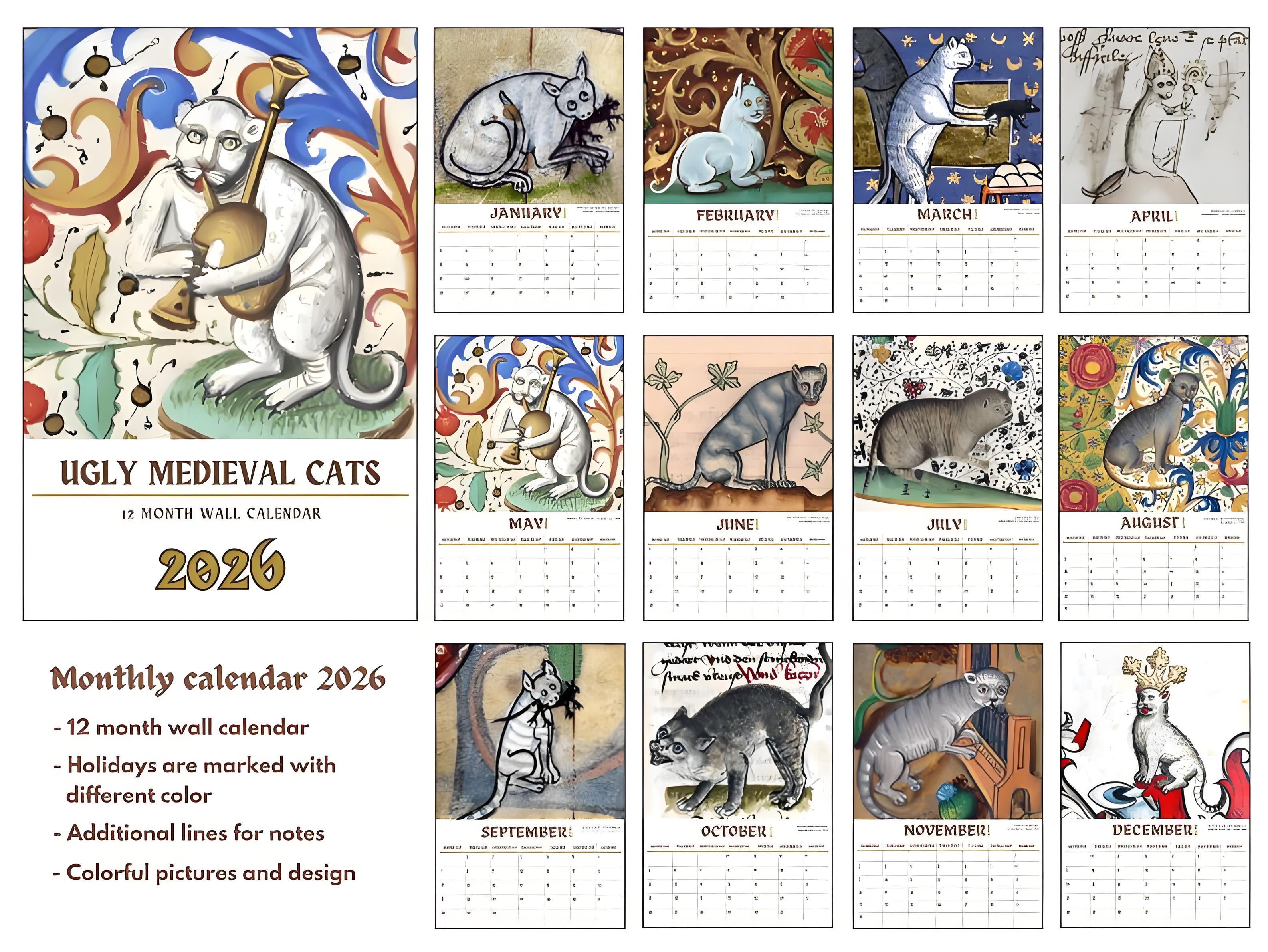 Funny Mediaval Cat Calendar 2026