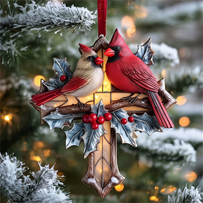 Cardinal Cross Christmas Ornament 