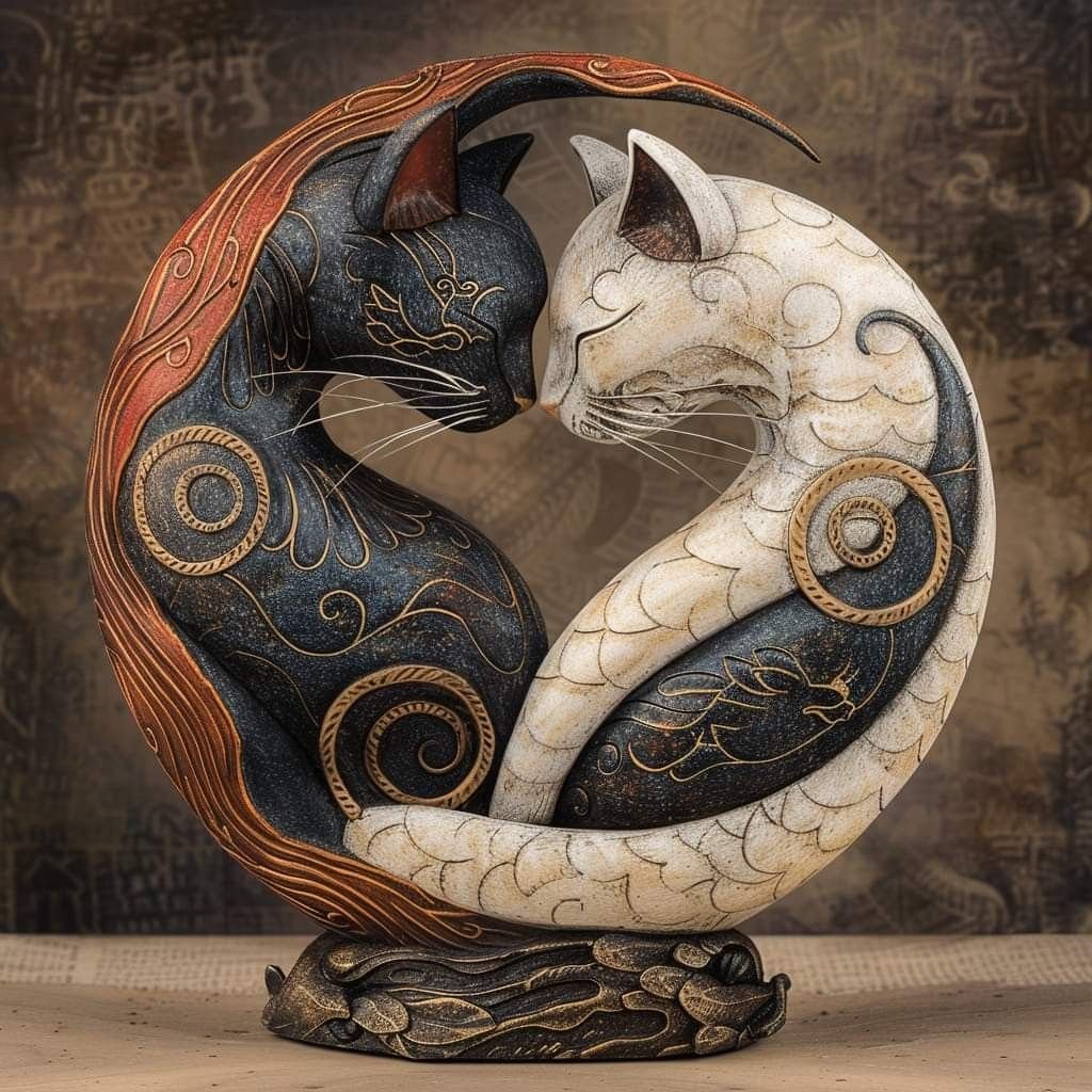 Black and White Cat Yin Yang Art Desk Decor